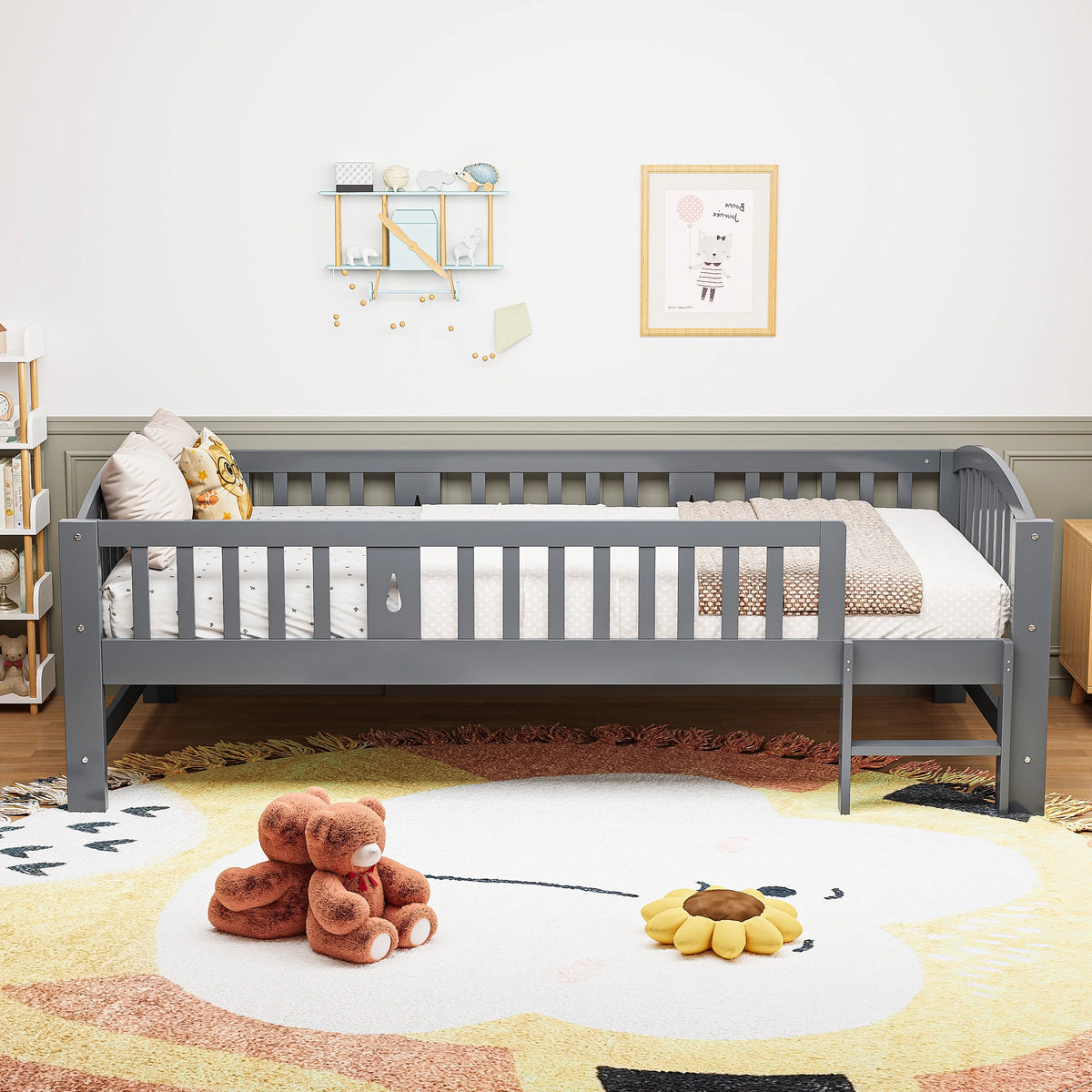 SESSLIFE Twin Size Platform Bed, Solid Wood Twin Bed Frame with Slats, Fence Guardrail Ladder, Twin Floor Bed with Strong Legs for Boys Girls, No Box Spring Needed, Holds 400 lbs, White