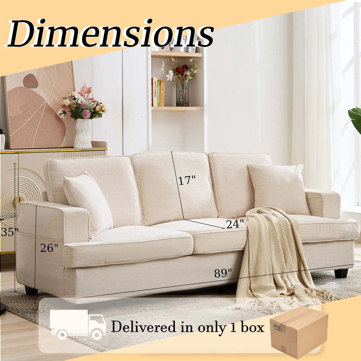 Korser 89" Chenille Sofa 3 Seater Couch with Extra Upholstered Deep Seats for Living Room,Removable Cover,Beige