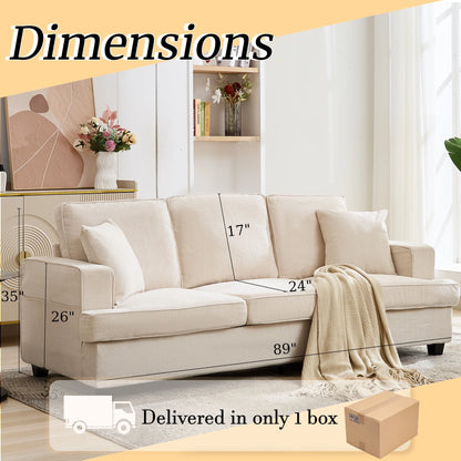 Korser 89" Chenille Sofa 3 Seater Couch with Extra Upholstered Deep Seats for Living Room,Removable Cover,Beige