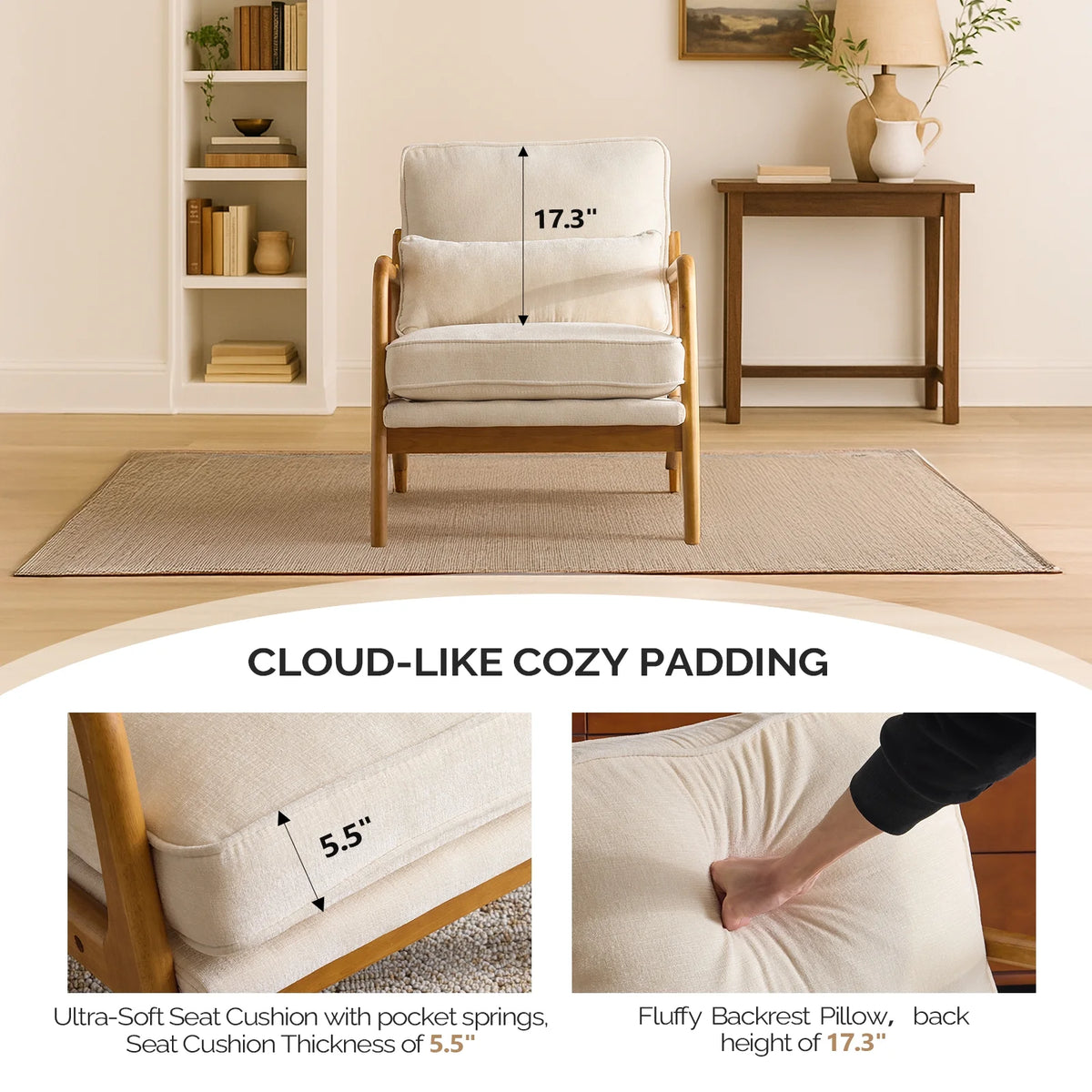 Ktaxon Accent Chair Corduroy Upholstered Armchair, Reading Club Chair with Pillow and Solid Wood Frame for Living Room Bedroom Furniture Off White