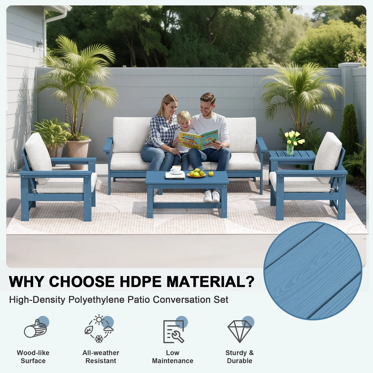 SERWALL Outdoor Patio Furniture Set, 7-Piece HDPE Outdoor Sofa Set Patio Conversation Set, Black Frame with Beige Cushions