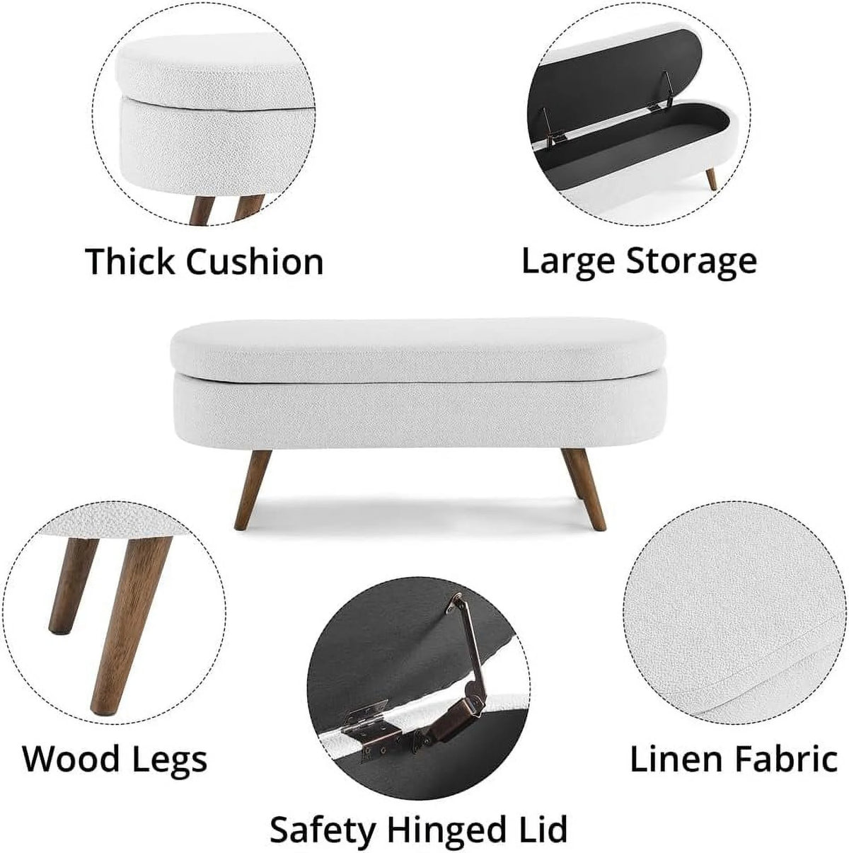 Sumdeal 43.5" Storage Ottoman Bench with 250lb Seating, Linen Upholstered Wood Legs Safety Hinge Flip Top Oval Foot Rest Long Stool for Sofa Couch Bedroom End of Bed Living Room Entryway, White