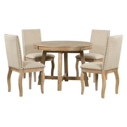 Harper & Bright Designs Round Extendable Dining Table Set for 4, 5 Piece Farmhouse Wood Dining Table Set with 4 Upholstered Dining Chairs, Natural Wood Wash