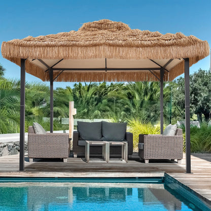 Ainfox 10x10 Thatched Tiki Pavilion Gazebo, Patio Gazebo with Straw Thatch Roofing, Hawaiian Style Steel Frame