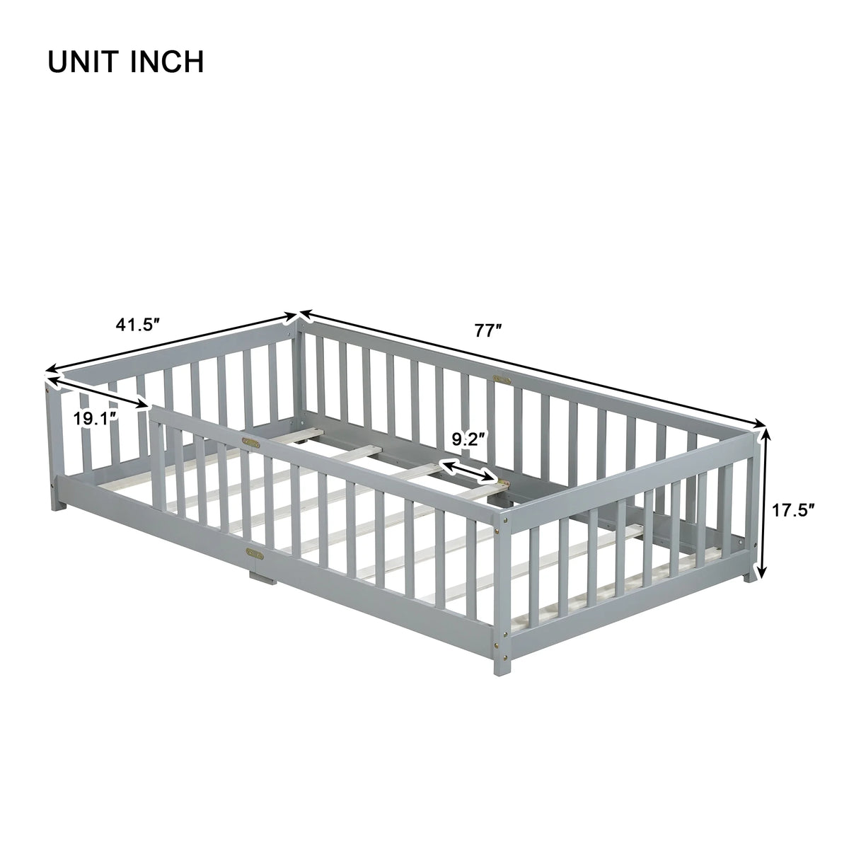 Miniyam Wooden Twin Size Floor Bed with Safety Fence for Kids, Natural