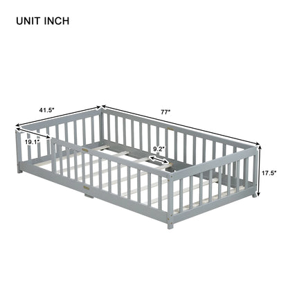 Miniyam Wooden Twin Size Floor Bed with Safety Fence for Kids, Natural