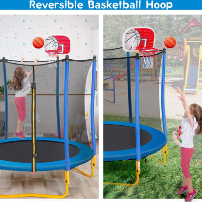 Leuco 66" Kids Trampoline with Basketball Frame, Rubber Ball and Enclosure Net, 5.5ft Mini Small Toddler Trampoline Toys for Indoor and Outdoor Use, Age for 1-8 years old
