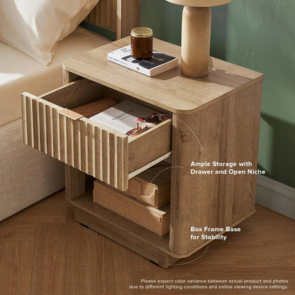 Mopio Brooklyn Oak Nightstand, Modern Farmhouse Side Table with Drawer and Storage, Fluted Panel, Curved Profile, Rose Gold Handle