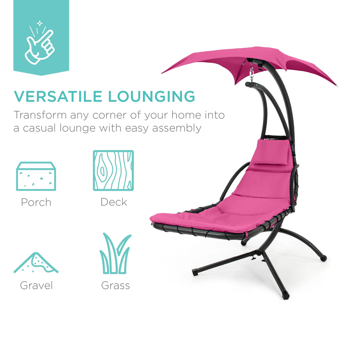 Best Choice Products Hanging Curved Chaise Lounge Chair Swing for Backyard, Patio w/ Pillow, Shade, Stand - Teal