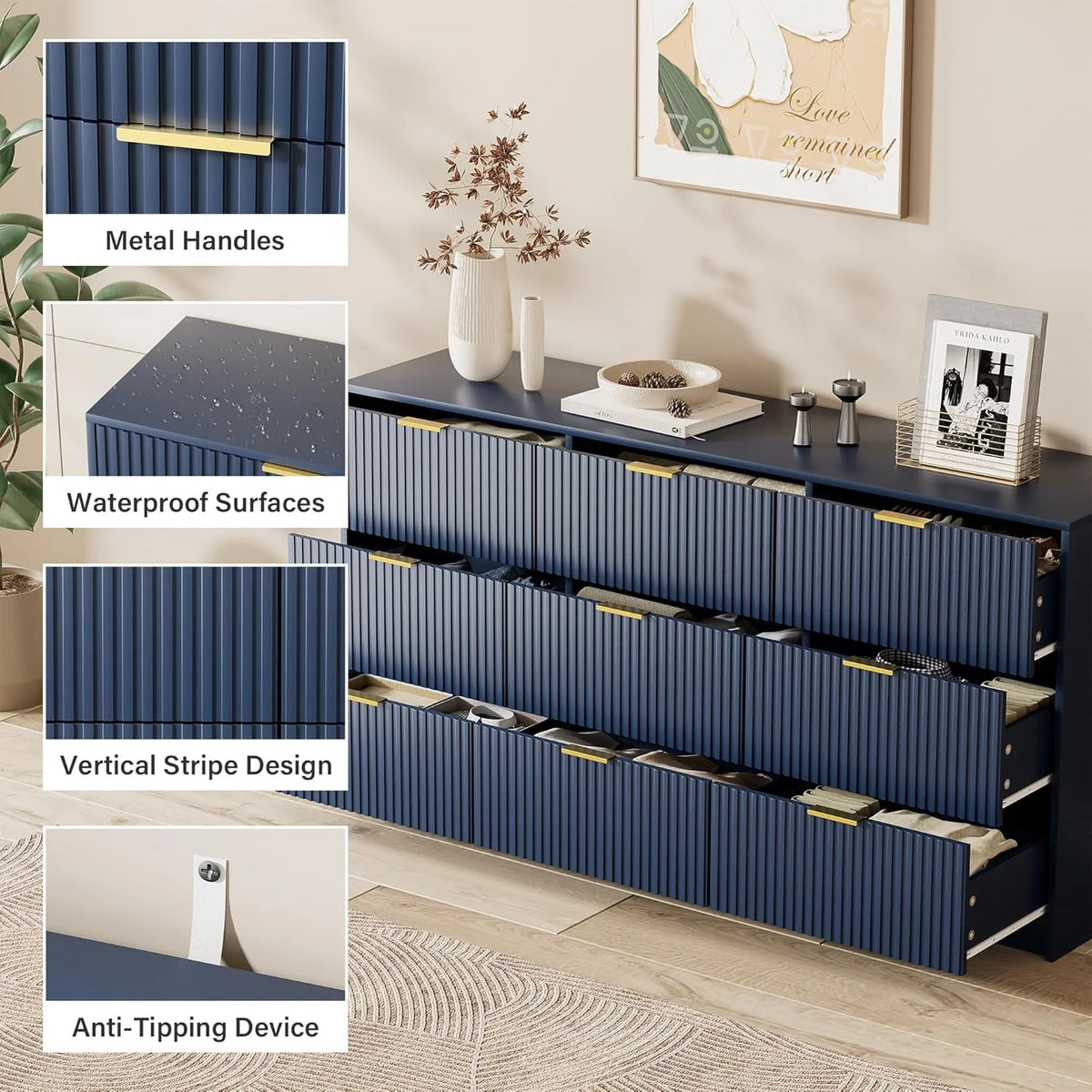 Furniway Fluted Large 9-Drawer Black Dresser
