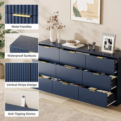 Furniway Fluted Large 9-Drawer Black Dresser