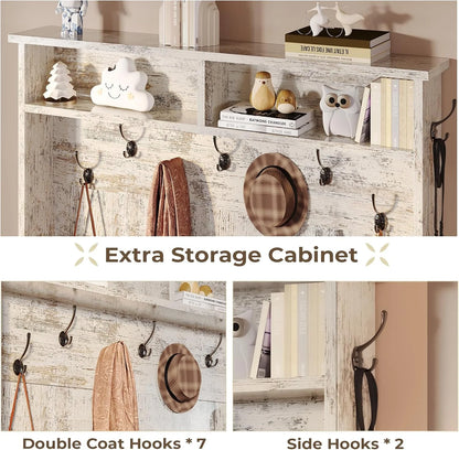 Hall Tree with Bench and Shoe Storage, 5-in-1 Entryway Bench with Coat Rack, 10 Shoe Cubbies & 9 Coat Hooks, Barn Door & Adjustable Shelf, Rustic Brown