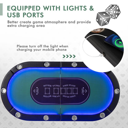 Costway Foldable, USB Ports, Led Lights 10 Player Poker Table, Blue/Black