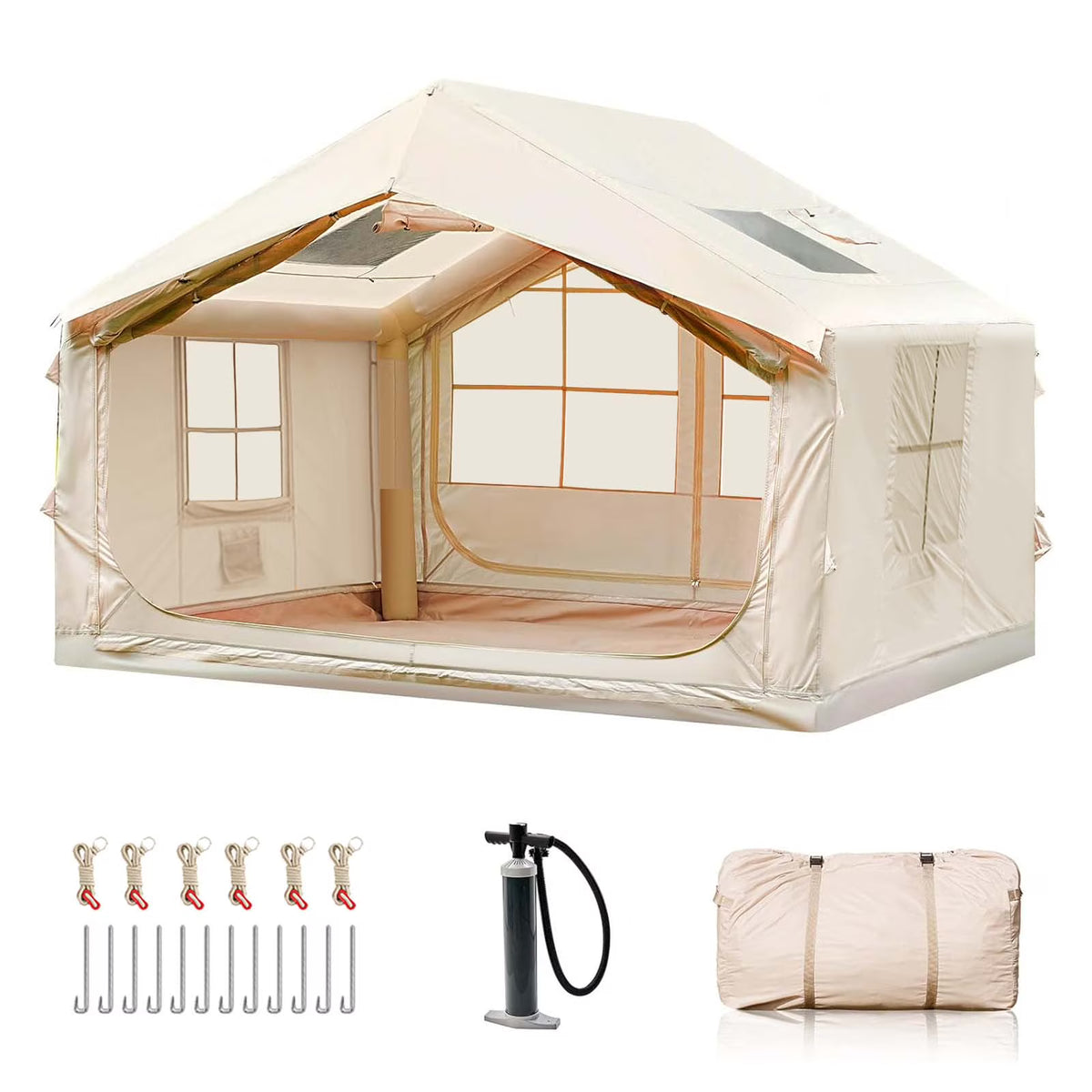 9.8' x 7' Inflatable Camping Tent,4 Season Blow up Tents for Camping, 4-6 Person Inflatable Tent with Stove Jack,Air Tents,Glamping Tent,Waterproof Luxury House with Mesh Window