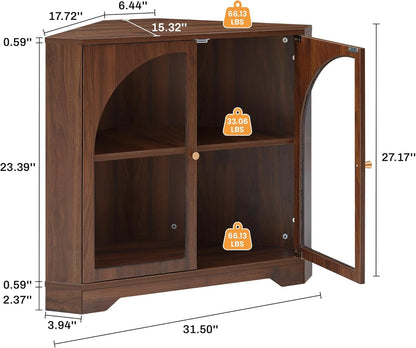 Mid Century Modern Corner Cabinet, Freestanding Curved Corner Storage Shelf with Doors and Adjustable Shelves, Farmhouse Storage Cabinet for Living Room Kitchen Bathroom (Walnut)