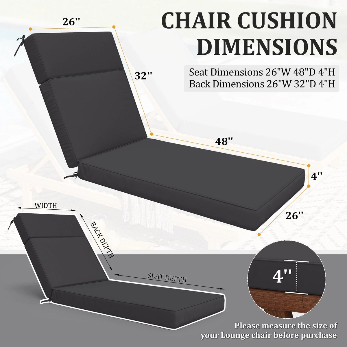 Kimunuk Outdoor Chaise Lounge Cushions set of 2, 80" x 26" x 4" Waterproof Pool Beach Recliner Replacement Cushions with Ties, Navy