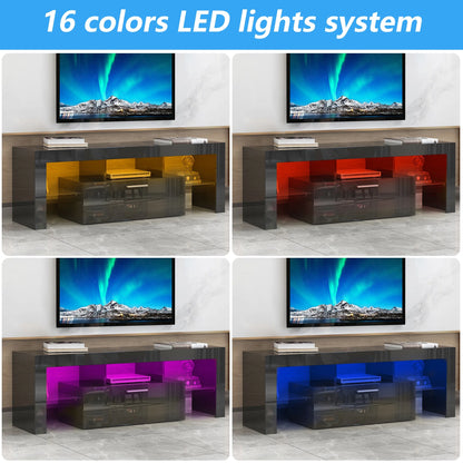 UHOMEPRO TV Stand for TV up to 70", Living Room Entertainment Center with RGB LED Lights and Storage Shelves Furniture, White High Gloss TV Cabinet Console Table