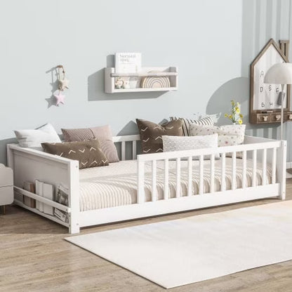Bellemave Twin Size Floor Bed with Fence, Montessori Floor Twin Bed with Built-in Book Rack, Solid Wood Twin Bed with Slats and Safety Guardrails, Natural