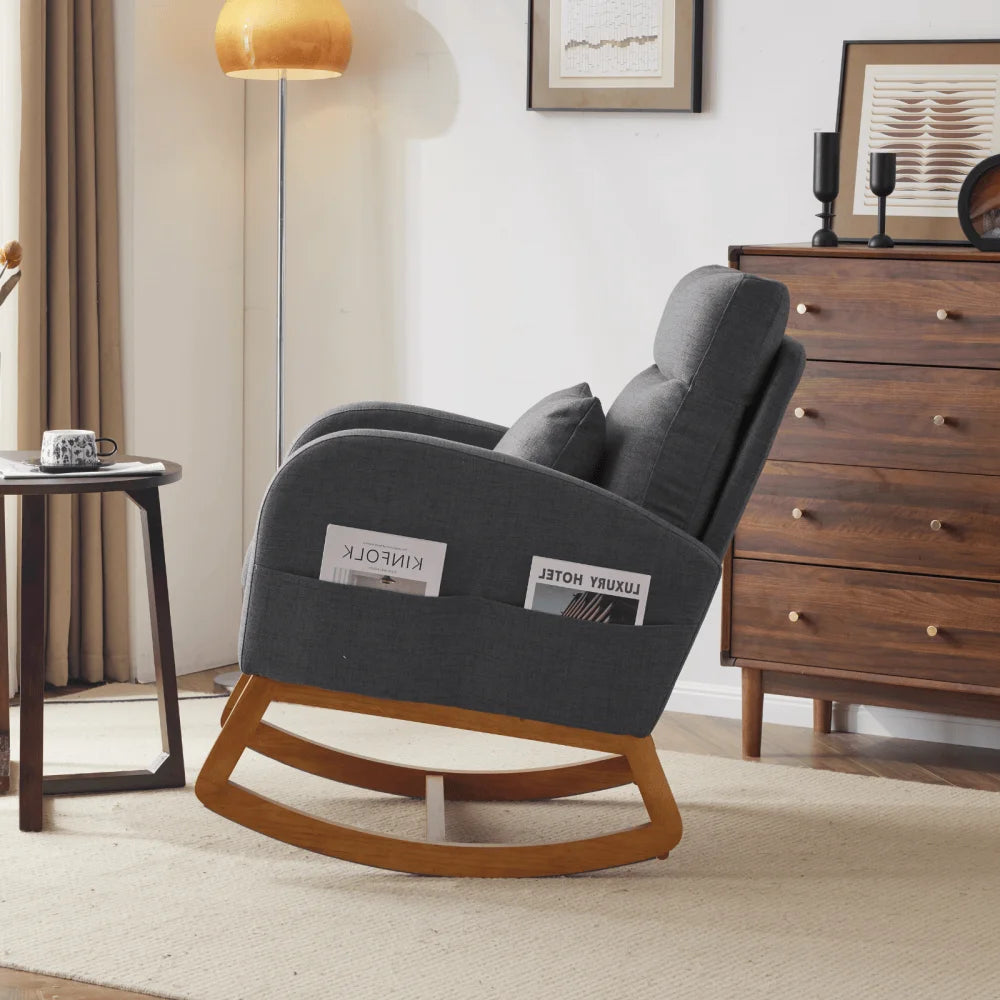 Hassch Upholstered Rocking Chair, Linen Fabric Glider Rocker with High Back, Accent Chair with Solid Wood Base, Reading Chair with Side Pocket for Living Room Bedroom Balcony, Gray
