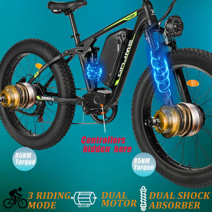 5000w Peak Dual Motor Electric Bike, 26" Fat Tire Shimano 21 Speed 45 MPH Commuter Mtb, 60V 25AH Front Suspension Ebike