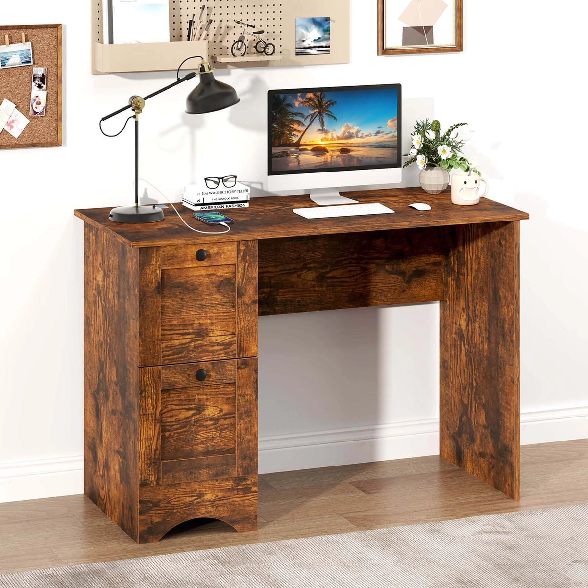 Costway 43" Home Office Desk with Charging Station Compact Study Writing Desk Walnut