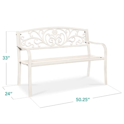 Best Choice Products Outdoor Steel Bench Garden Patio Porch Furniture w/ Floral Design Backrest - Black