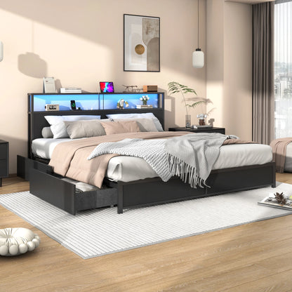 LED Full Bed Frame with Storage Headboard & 4 Drawers, Industrial Metal Platform Bed with Power Charging Station & USB Ports