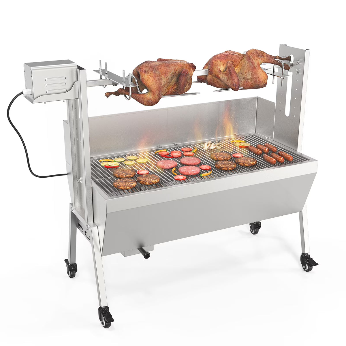 RovSun 46 Electric Rotisserie Grill 176 lbs Capacity 25w Pig Lamb Spit Roaster Rotisserie w/Lockable Wheels Wind Baffle with Adjustable Height