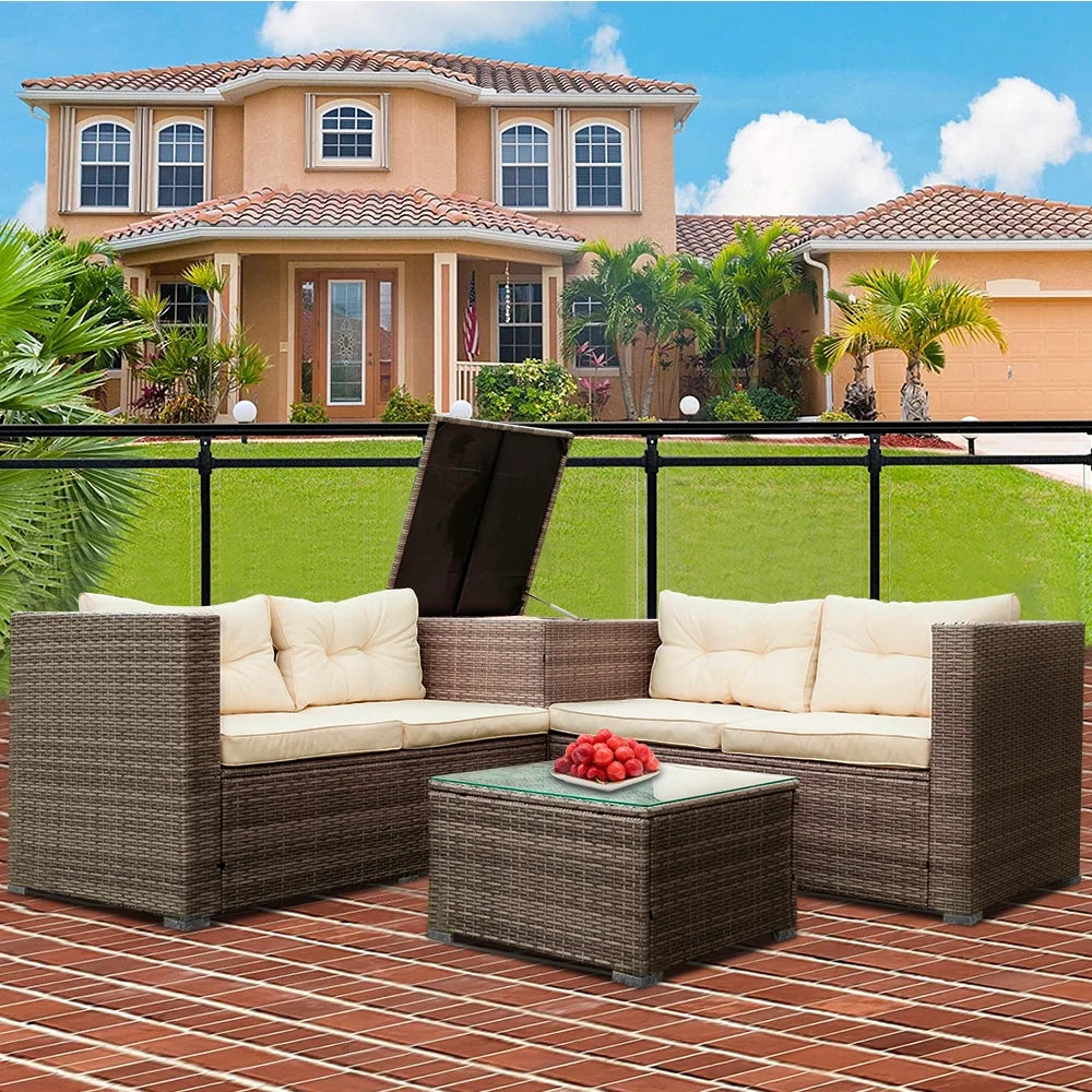 SEGMART 4 Piece Patio Furniture Set, All-Weather Outdoor Sectional Sofa Set, PE Rattan Conversation Set with Storage Box, Table & Cushions, Wicker Furniture Couch Set for Patio Deck Garden