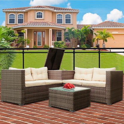 SEGMART 4 Piece Patio Furniture Set, All-Weather Outdoor Sectional Sofa Set, PE Rattan Conversation Set with Storage Box, Table & Cushions, Wicker Furniture Couch Set for Patio Deck Garden
