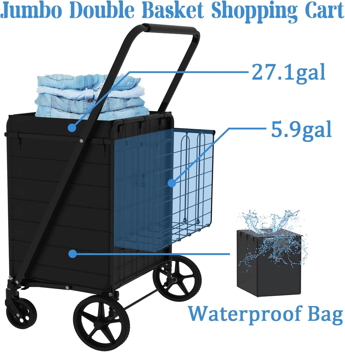 Heavy Duty Folding Shopping Cart for Groceries, Jumbo Double Basket with 360�� Swivel Wheels & Waterproof Bag, Portable Utility Cart for Shopping, Laundry, Holds Up to 320 LBS
