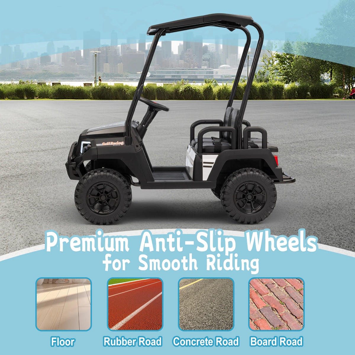 24V XL Kids Ride on Golf Cart, Electric Car w/Remote Control, Detachable Awning, 4 Seats, 3 Speeds, LED Lights, Spring Suspension, Bluetooth, Audio, Blue