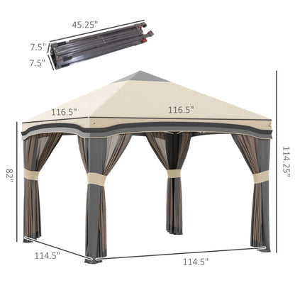 Outsunny 10' x 10' Pop Up Canopy with Nettings, Foldable Party Tent with Wheeled Carry Bag and 4 Sand Bags, Beige
