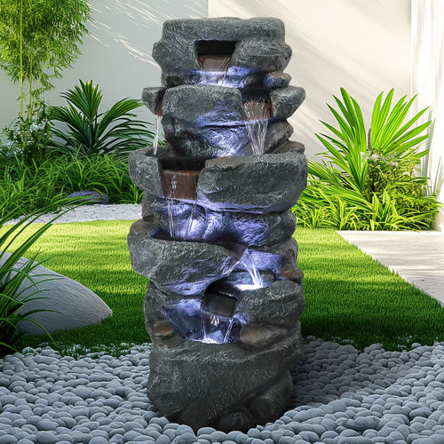 SunJet 40.5" Rock Water Fountain w/LED Lights - Outdoor 6-Tier Waterfall Fountain  for Garden Decor