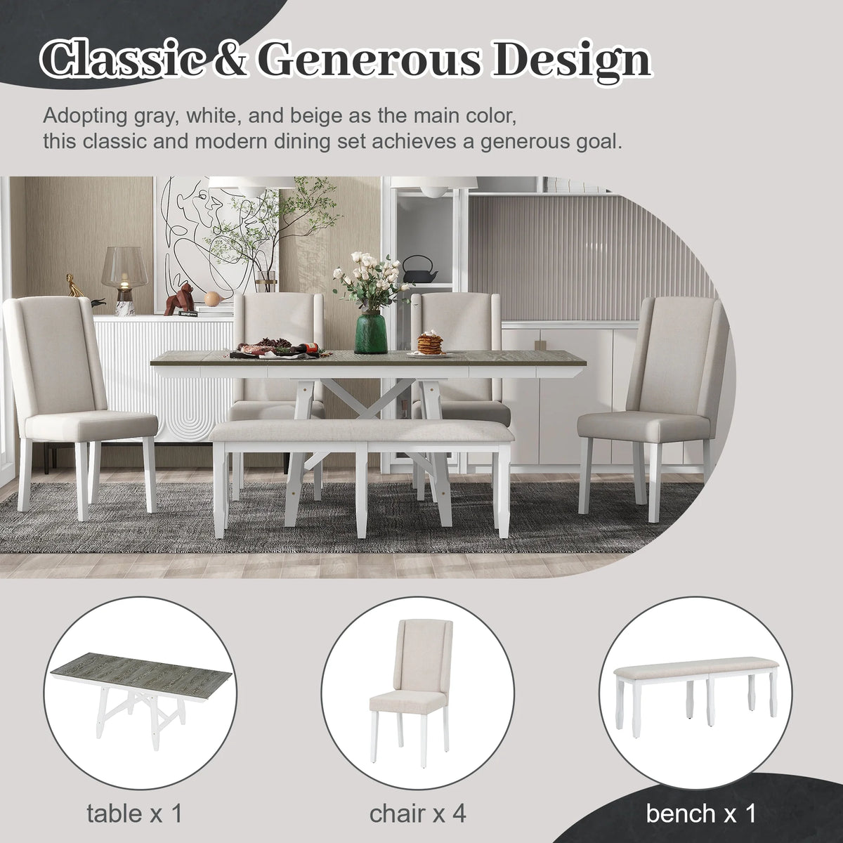 6 Piece Extendable Dining Table Set, Atumon Wood Dining Room Set for 6, Dining Table Set with 4 Beige Cushioned Chairs and Bench, Farmhouse Dining Table Set Furniture for Kitchen Dining Room, Natural