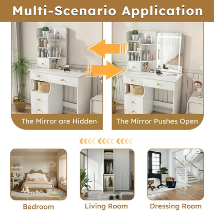 Kadyn Vanity Desk with Lighted Mirror, Vanity Table and Chair Set with 2 Drawers, Dressing Table Makeup Desk with 1 Door, Retro Gray