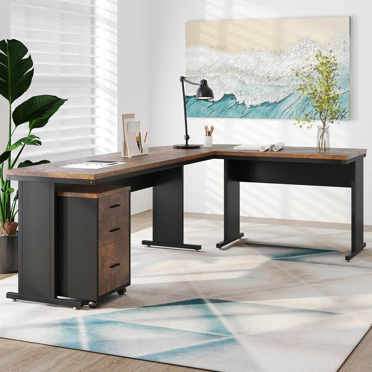 83" L-Shaped Executive Desk, Large L Office Desk with 3-Drawer Mobile File Cabinet, Business Furniture Desk Workstation Brown