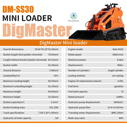 DigMaster 13.5HP Mini Track Skid Steer Loader  Gas Engine 551 lb Lift Capacity Ideal for Small to Medium Jobs and Tight Spaces  EPA Certified
