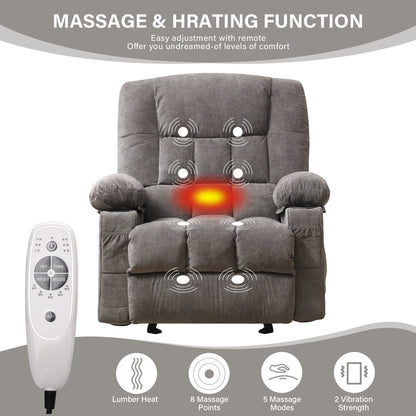 JONPONY Massage Swivel Rocker Recliner Chair with Vibration Massage and Heat Ergonomic Lounge Chair for Living Room with Rocking Function and Side Pocket, 2 Cup Holders, USB Charge Port,Grey