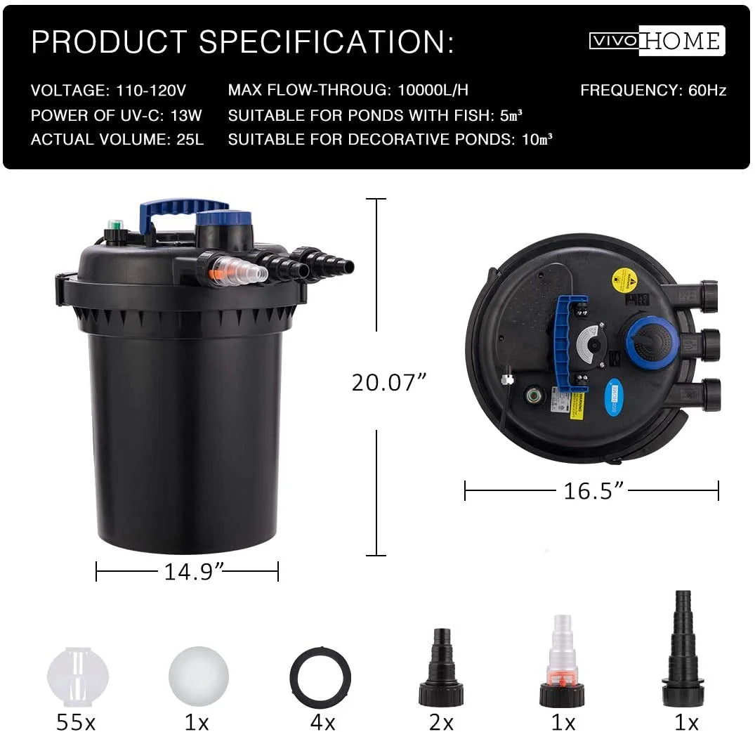 SPECSTAR Pressurized Biological Pond Filter with 13-watt Light, 1580 GPH Suitable for Koi Ponds up to 800 Gallons or Ornamental Ponds up to 1600 Gallons