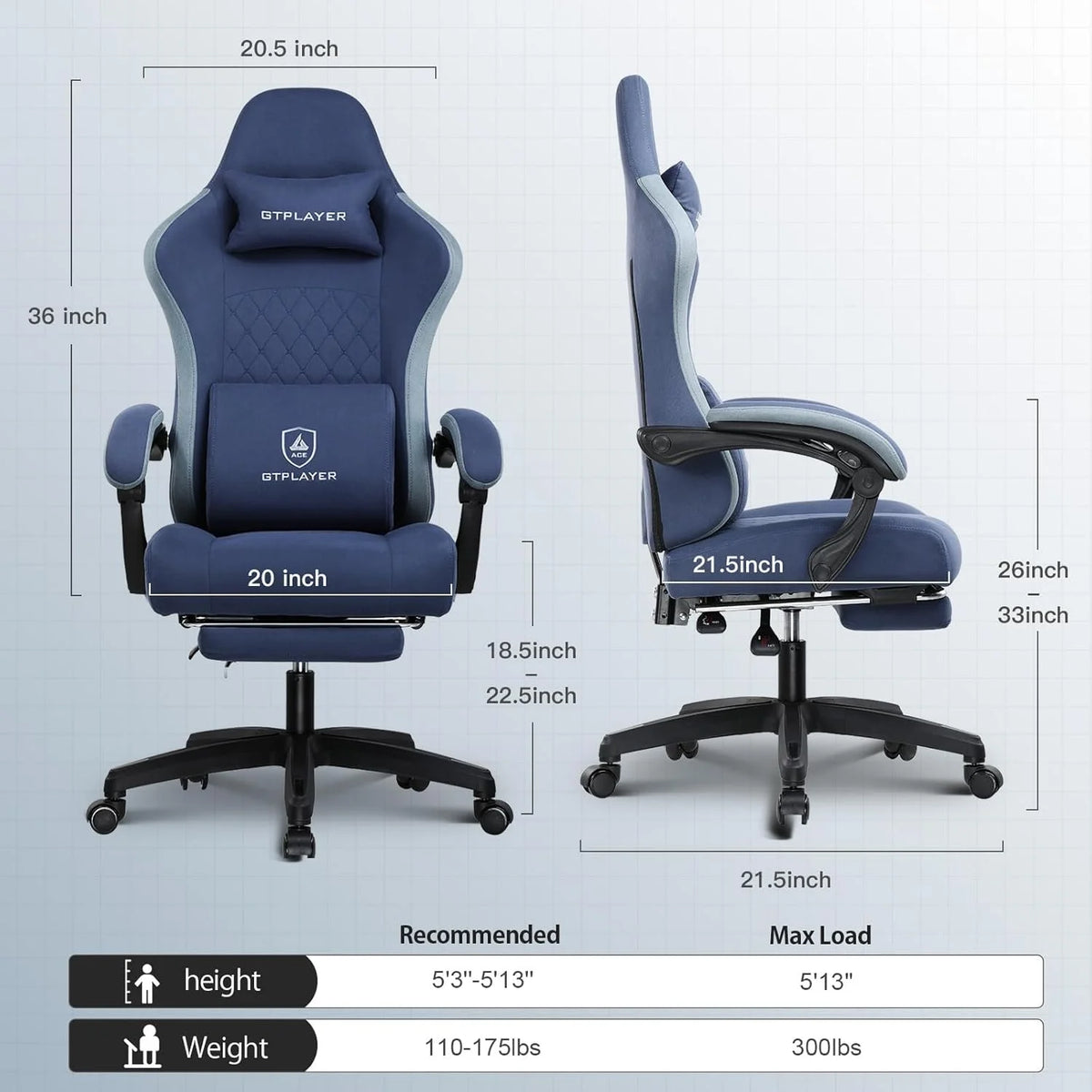 GTPLAYER Ergonomic High Back Pocket Spring Cushion Gaming Chair with Footrest & Linkage Armrests, Black