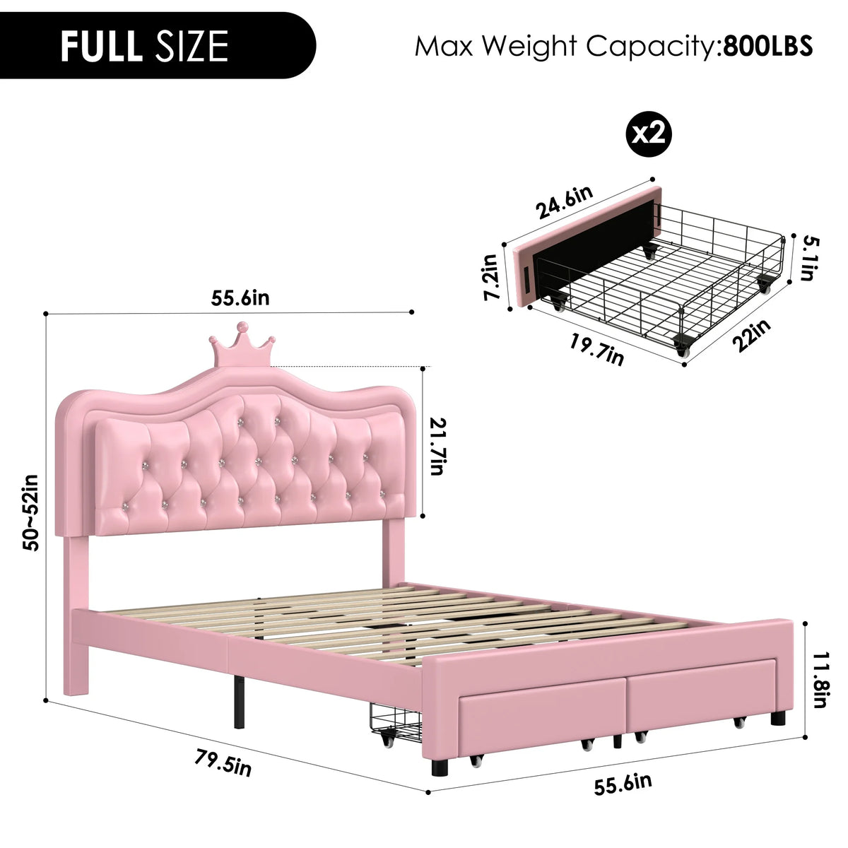 Homfa Full Size Bed, LED Upholstered Bed with Adjustable Crystal Button Tufted Crown Headboard, Soft PU Princess Platform Bed with Storage Drawers, Pink
