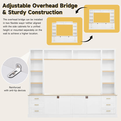 Euroco 102.3"W Farmhouse 4-Piece Entertainment Center Wall Unit with Adjustable Shelf, Modern Large TV Stand with Bookshelves