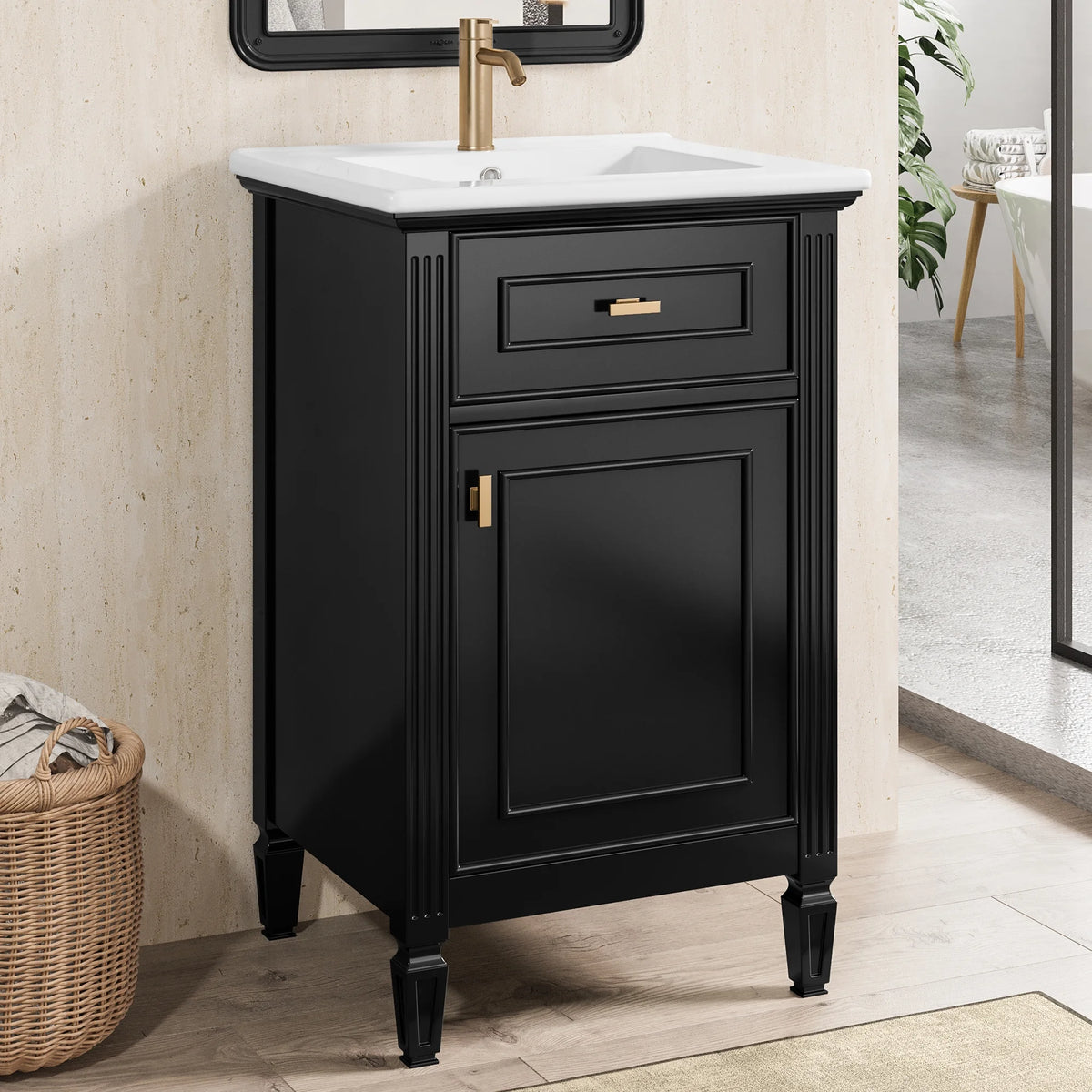Euroco 20" Bathroom Vanity with Integrated Ceramic Sink, Soft-Close Hinges and Drawer Storage, Solid Wood Legs