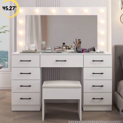 Ktaxon Large Makeup Vanity, Vanity Table Set w/ Visible Glass Top w/ Charging Station, White