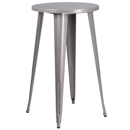 Flash Furniture Earl Commercial Grade 24" Round Silver Metal Indoor-Outdoor Bar Table Set with 2 Vertical Slat Back Stools