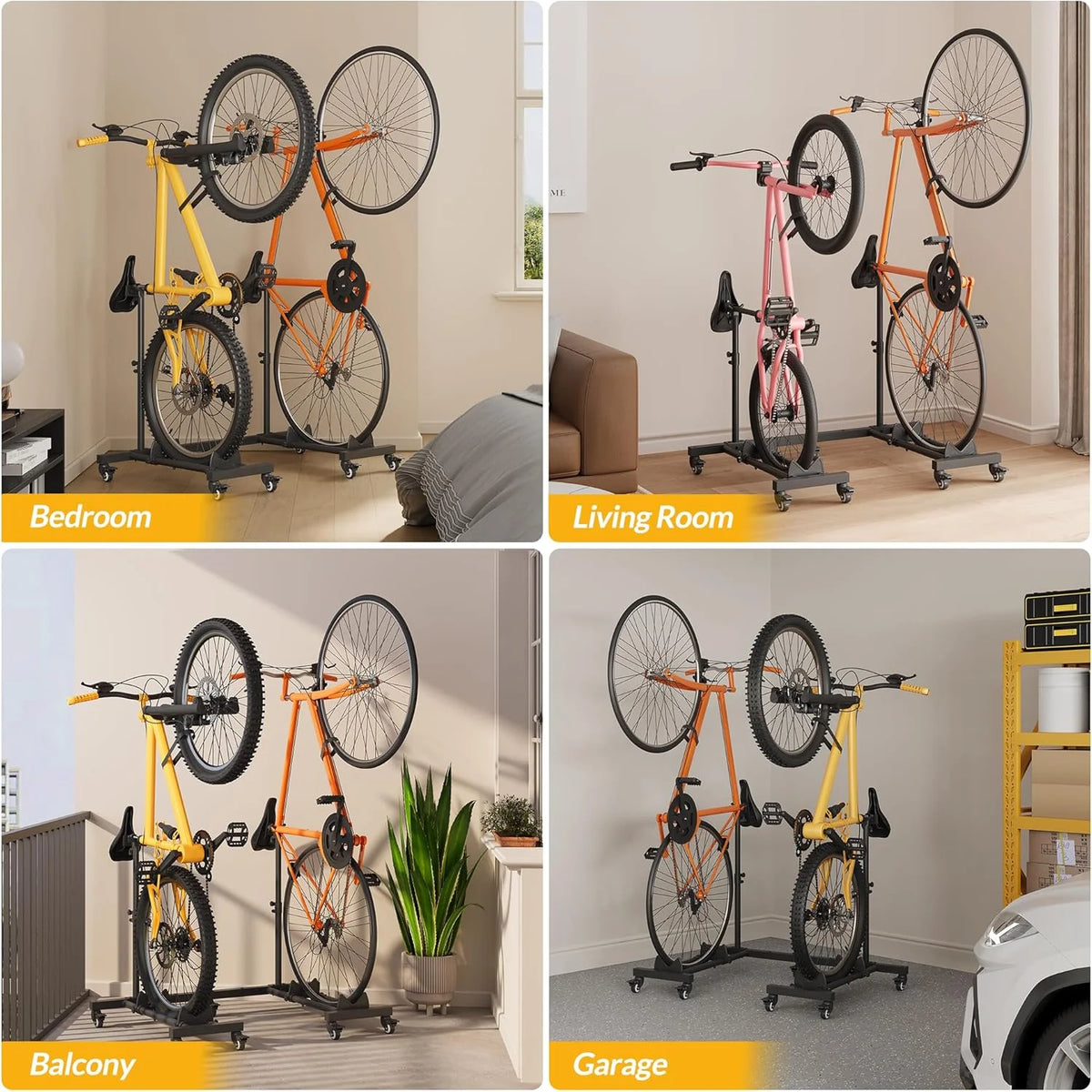 Vertical Bike Stands (2 Pack)��Standing Bike Rack for Garage Floor��Upright Bicycle Floor Stand Indoor Bike Holder with Adjustable Height for Garage & Apartment - for Wheels Sizes up to 29��