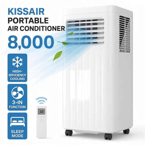KISSAIR Portable Air Conditioner 8000 BTU Ashrae, 3-in-1 Portable AC, Dehumidifier & Fan with 24-Hour Timer/Remote Control/Windows Kit (White)