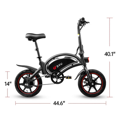 D DYU 14" Folding Electric Bike for Adults Teens, 15.5MPH Cruiser E Bike, 250W 36V/10AH, Pedal-Assist, Step-Through Frame Electric Commuter Bike, Complies to UL2849