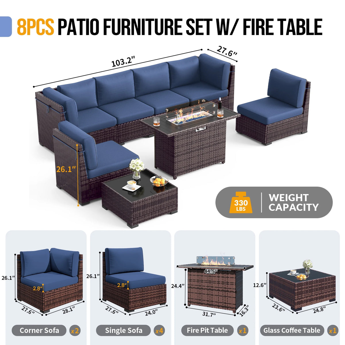 MRUAKA 8 Pieces Patio Furniture Set with Fire Pit Table, Outdoor Furniture Sectional Rattan Sofa with Slanted Back, Patio Couch with Glass Coffee Table for Backyard Garden (Dark Grey)
